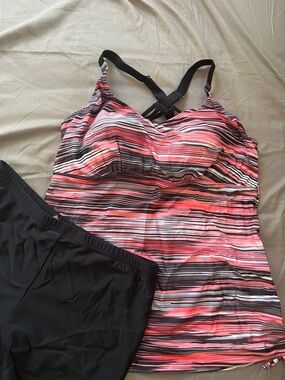 Striped Pink & Black Racerback Tank Top+ black boy shorts